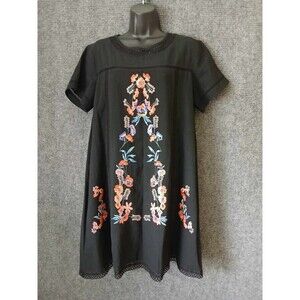 Rebellion Again Dress A-Line Size L Black Cotton Blend Embroidered Flowers Boho